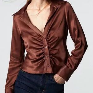 ZARA Brown Satin Button Down Long-Sleeved Blouse